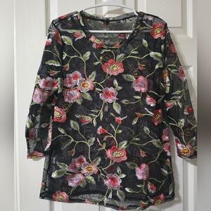 Baku Whimsigoth Sheer Mesh Floral Embroidered 3/4 Sleeve Top, Sz Medium, EUC!